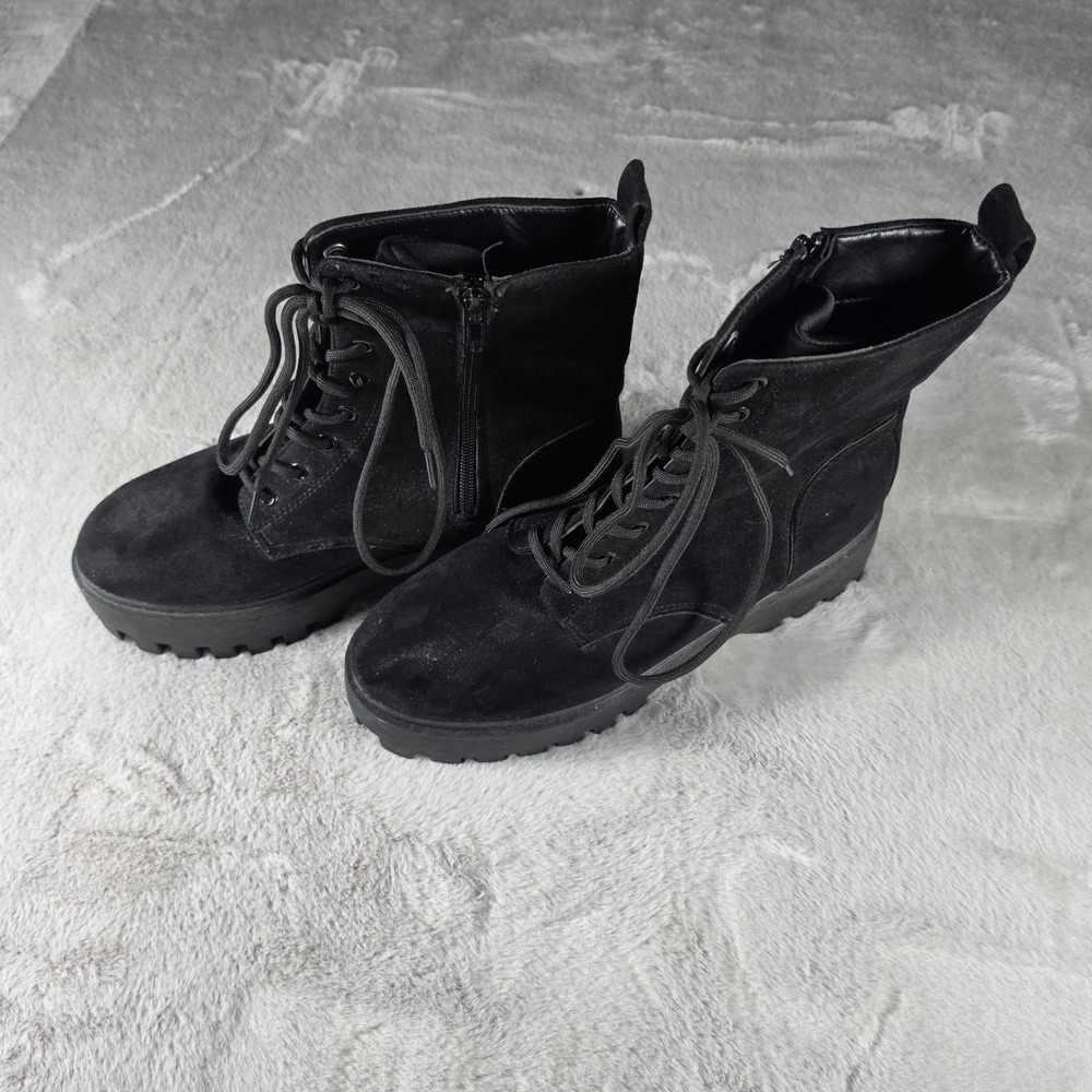 Womens Combat Boots Platform Chunky Lug Sole‎ Black Faux Suede Lace Up 11
